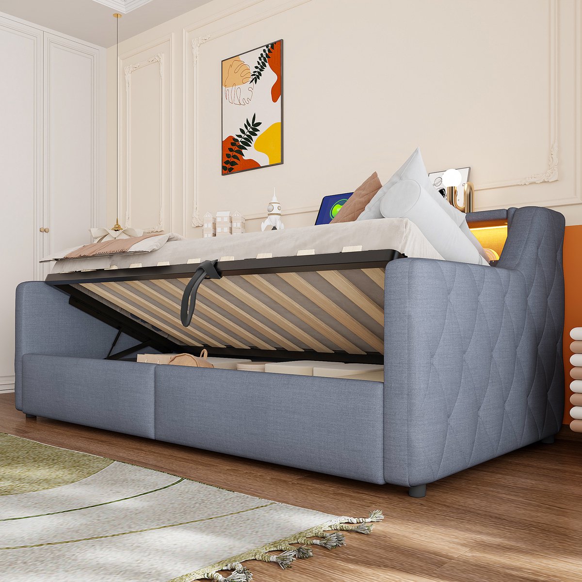 MIVRAY Daybed 90x200 Cm Zonder Matras - Met Hydraulische Opbergruimte En LED Verlichting - Met USB En Type C Aansluitingen - Stof En MDF - Grijs
