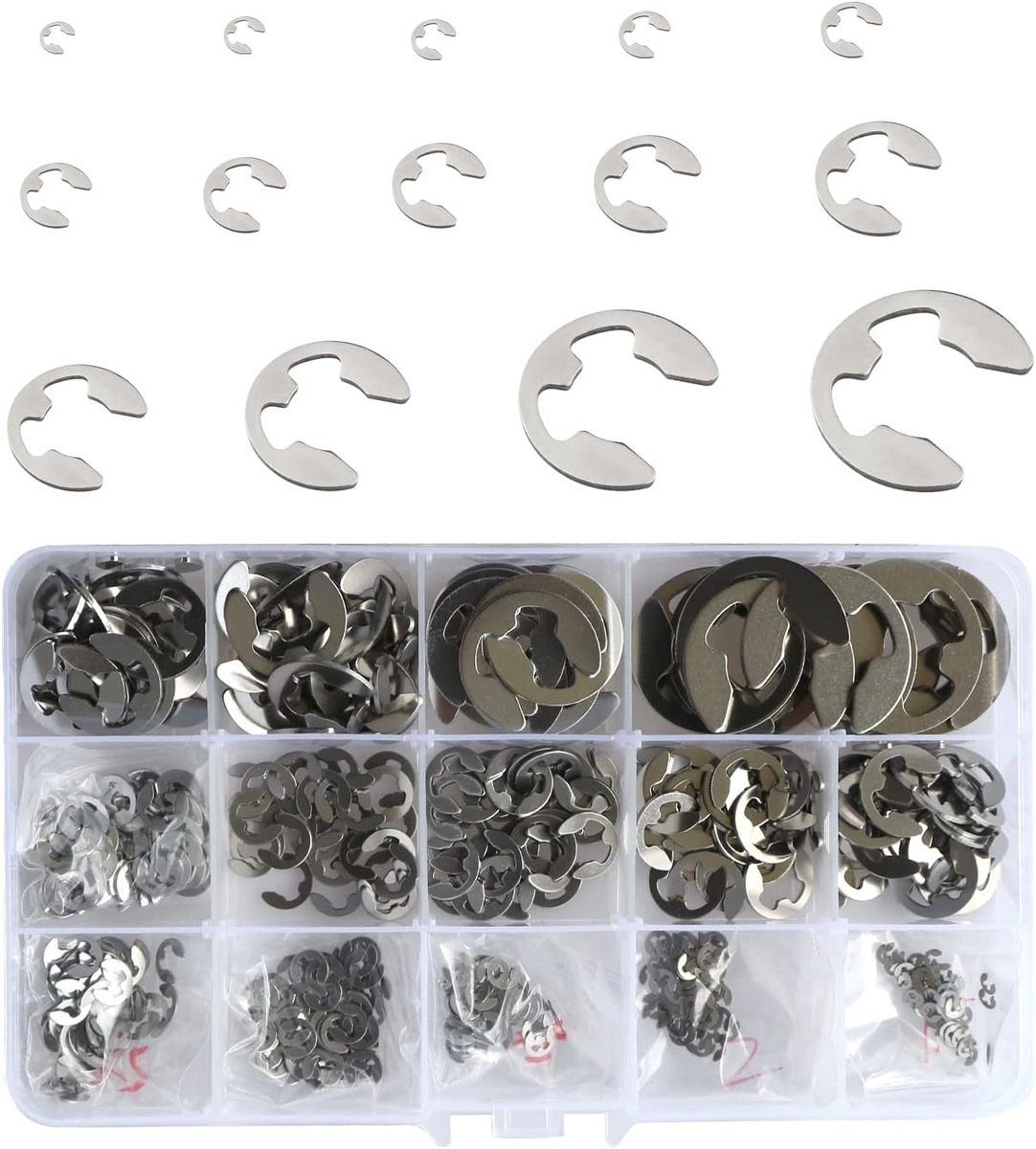 Circlips set 510 stuks - RVS 304 - 14 maten E-clips (M1.5-M15mm) - Voor asbevestiging - ShopVlot