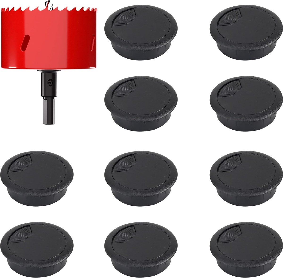 Kabeldoorvoer voor bureau 60mm - 10 stuks met 1 gatenzaag - zwart - ideaal voor een opgeruimde werkplek - ShopVlot
