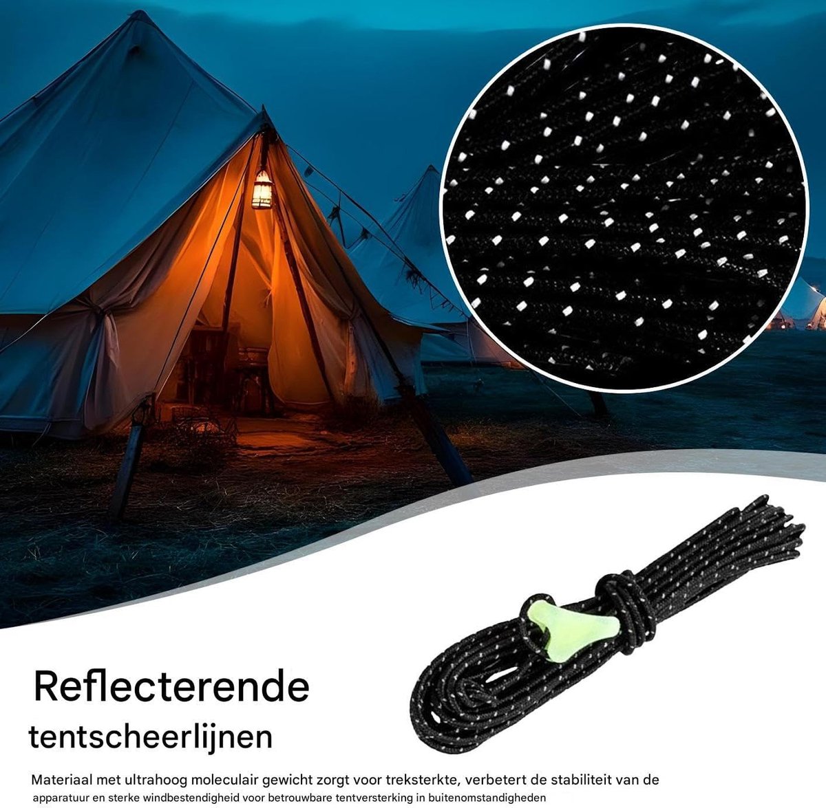 Scheerlijnen Met Spanners - Kampeer Gidslijn Koord - Tent Opzetten Stabiliseren - Reflecterende Vezels - 4 meter - Zwart
