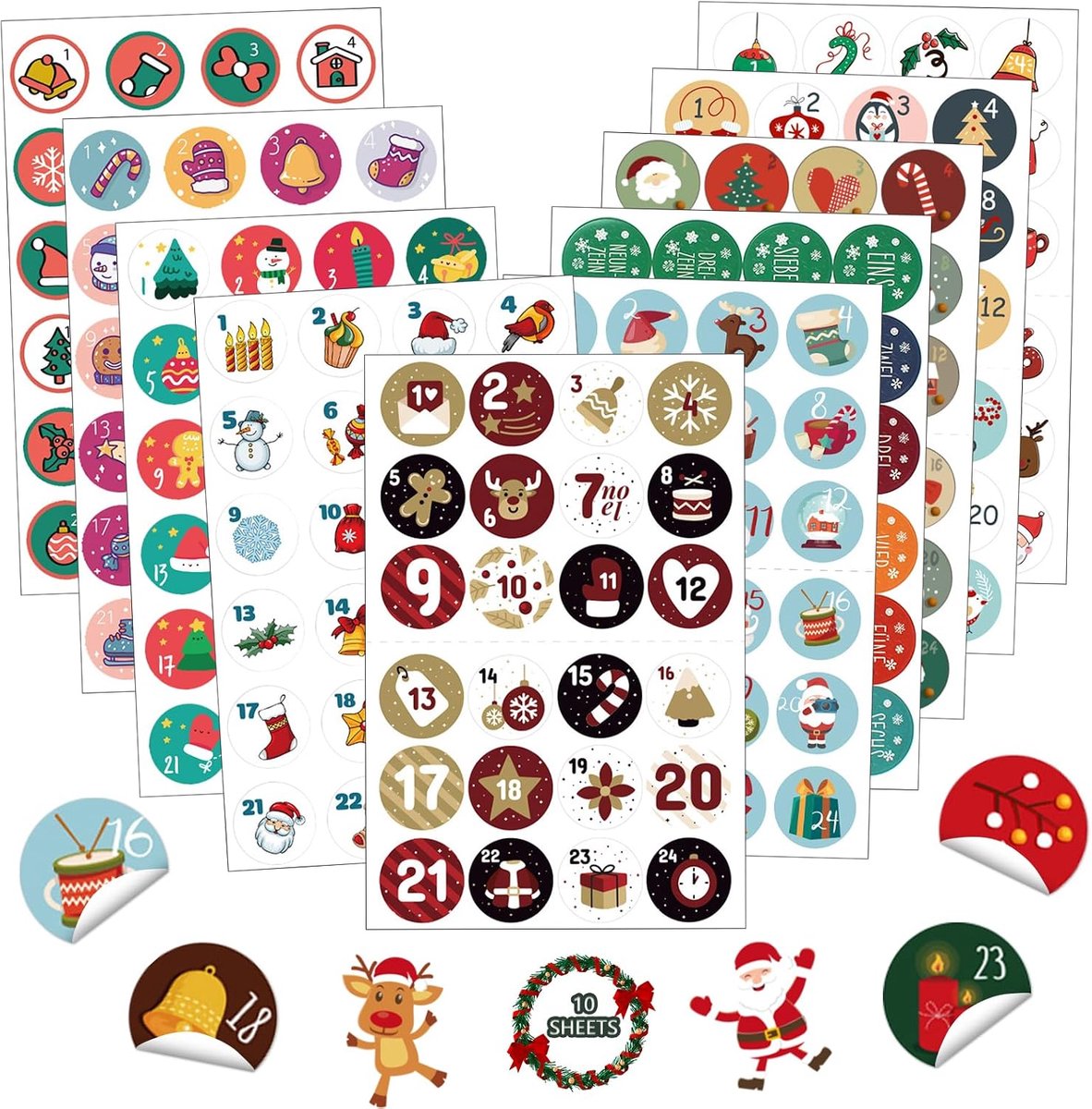 Adventskalender met nummerstickers - 10 vellen - ronde zelfklevende stickers - perfect voor kerstcreaties - ShopVlot