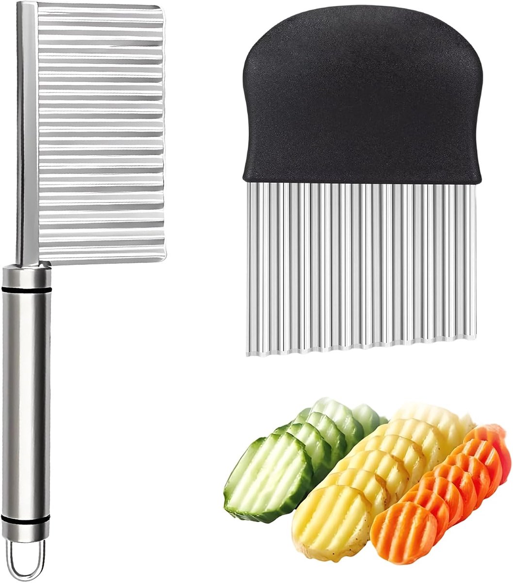 [2 stuks] van roestvrij staal, scherp golfmes voor groenten, aardappelen en fruit, geribbeld mes voor zelfgemaakte friet en golfsnijden, aardappelsnijder, doe-het-zelf keukenhulp