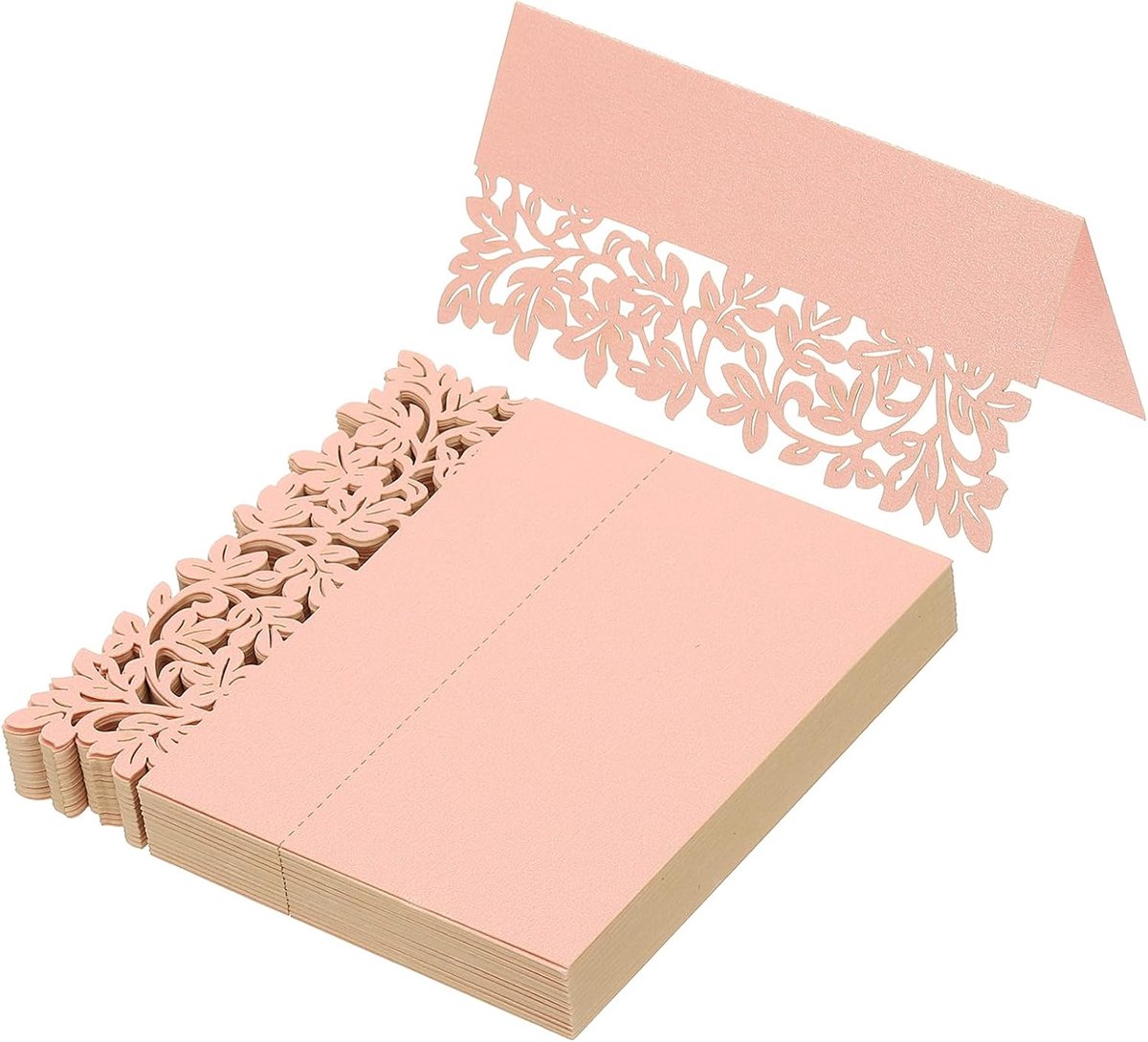 50 stuks bruiloft plaats kaarten, laser gesneden bladeren tafel plaats kaart gevouwen tent kaart naam kaarten voor tafel instelling bruiloft receptie buffet, roze
