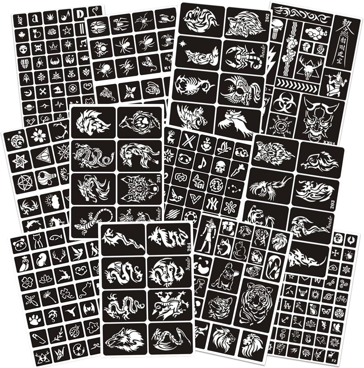 302+ tattoosjablonenset, sjablonen, herbruikbare tijdelijke tattoosjablonen voor vrouwen en meisjes, gezichtsverf, body art, glittertattoosjablonen
