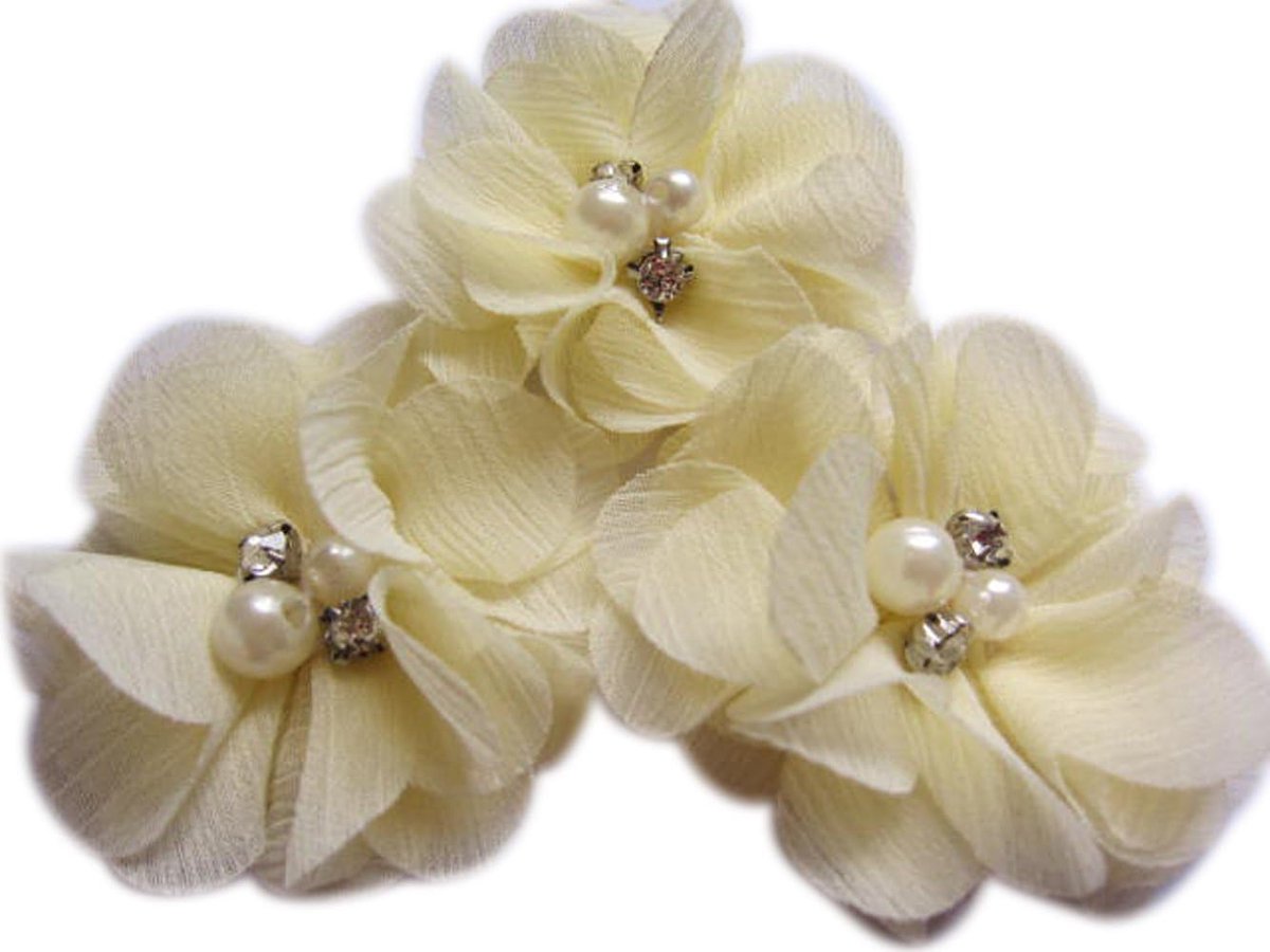Set van 20 stuks chiffon 5 cm bloem strass parel voor ambachtelijke projecten - crème
