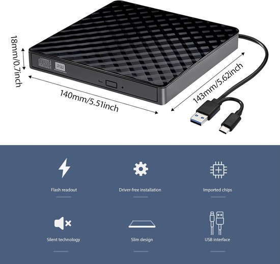 Externe Optische Drive - Schijflezer CD DVD - Data Back-up Maken - Dubbele USB C en 3.0 - 12 cm — afbeelding 5