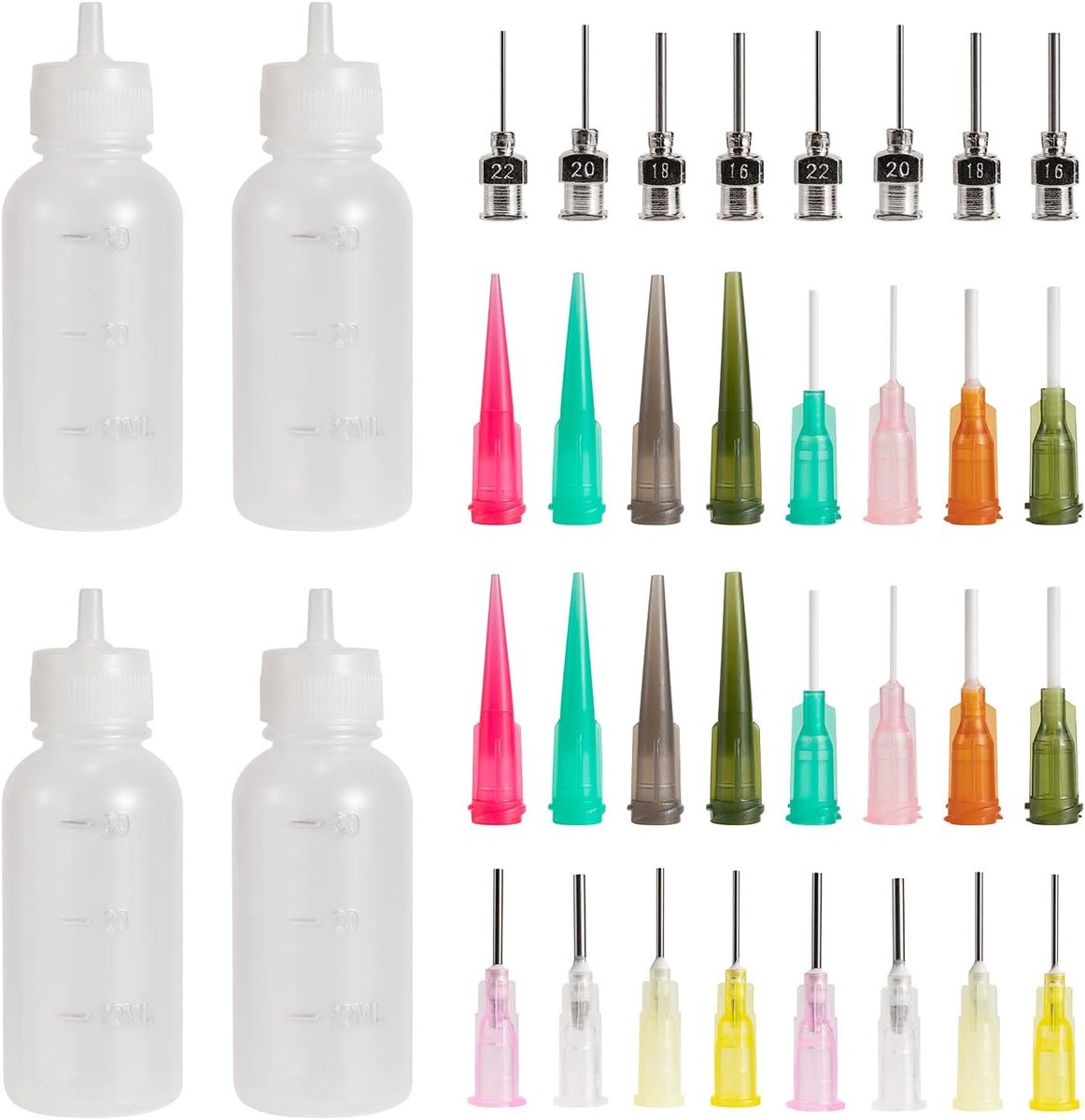 Druppelfles, multifunctionele applicator met precisienaaldenpunt, applicatorset, 4 flessen met 32 mondstukken