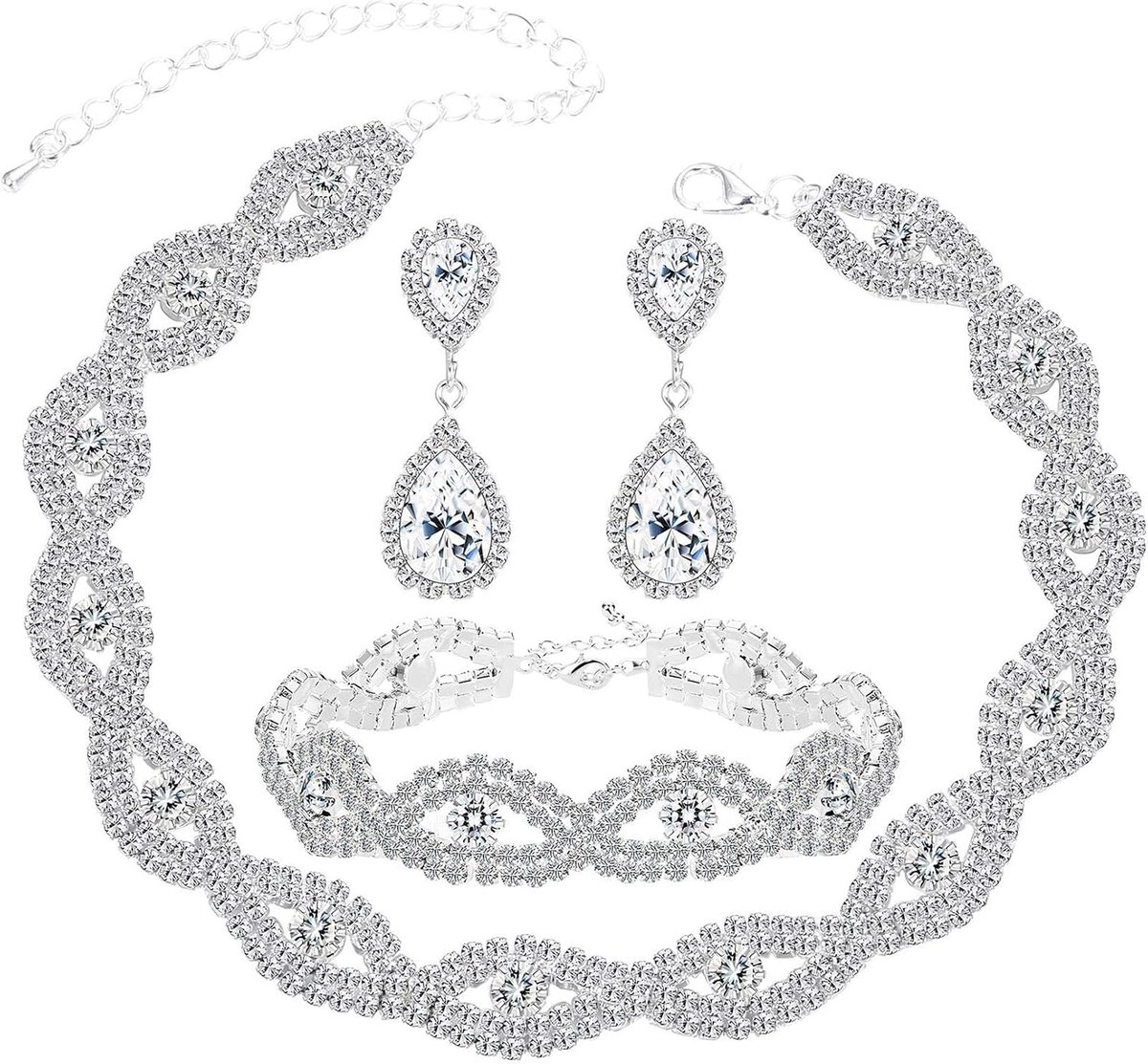 Bruidssieradenset voor Dames, Kristal, Statement Ketting, Hangende Oorbellen, Armband, Set voor Bruiloft, Verloving, Bruidsmeisje, Jurk, Gala, kristal, Zirkonia