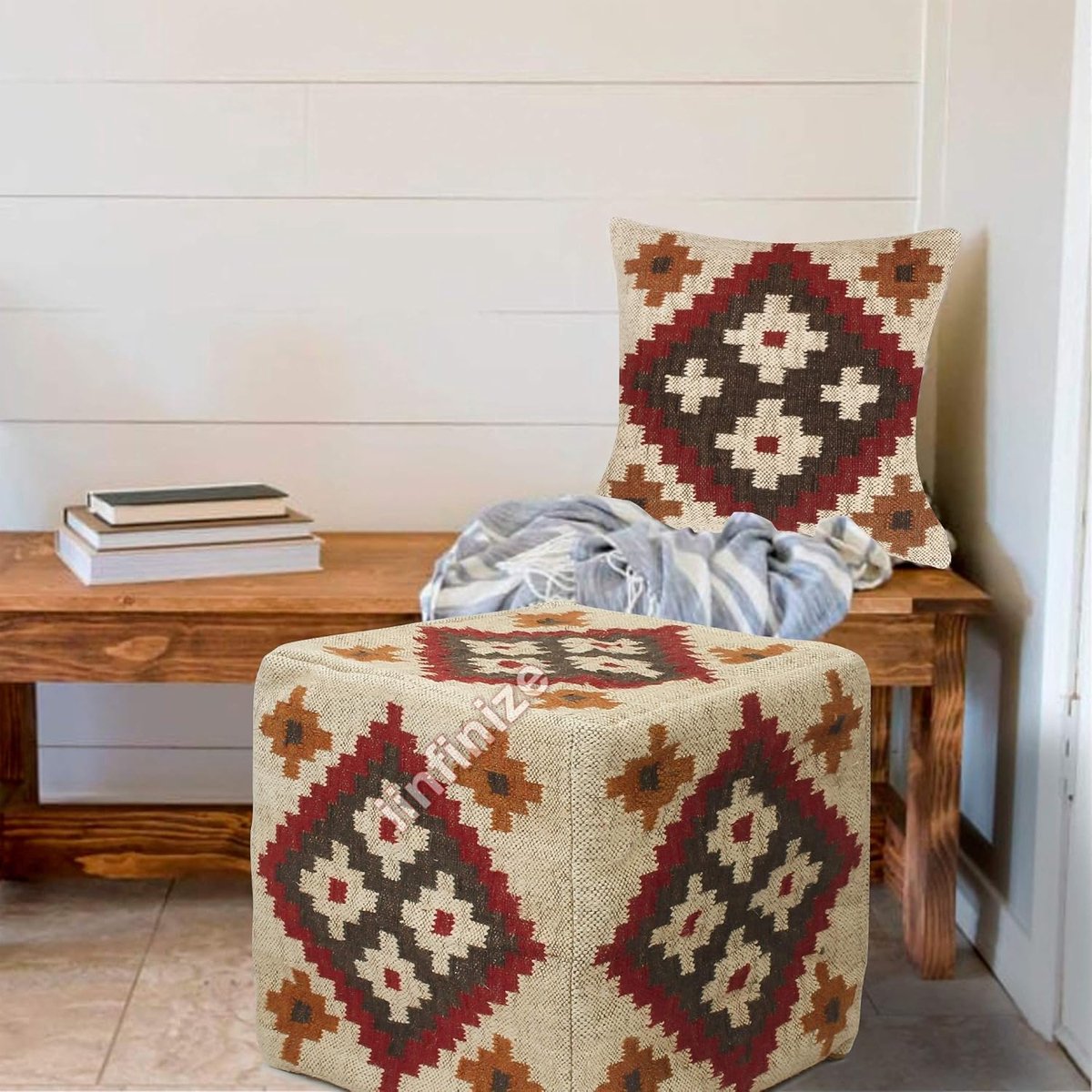 Ottoman pouf 18x18 inch - handgeweven wol jute - multi kleur - comfortabel voetsteuntje - SnelShoppen