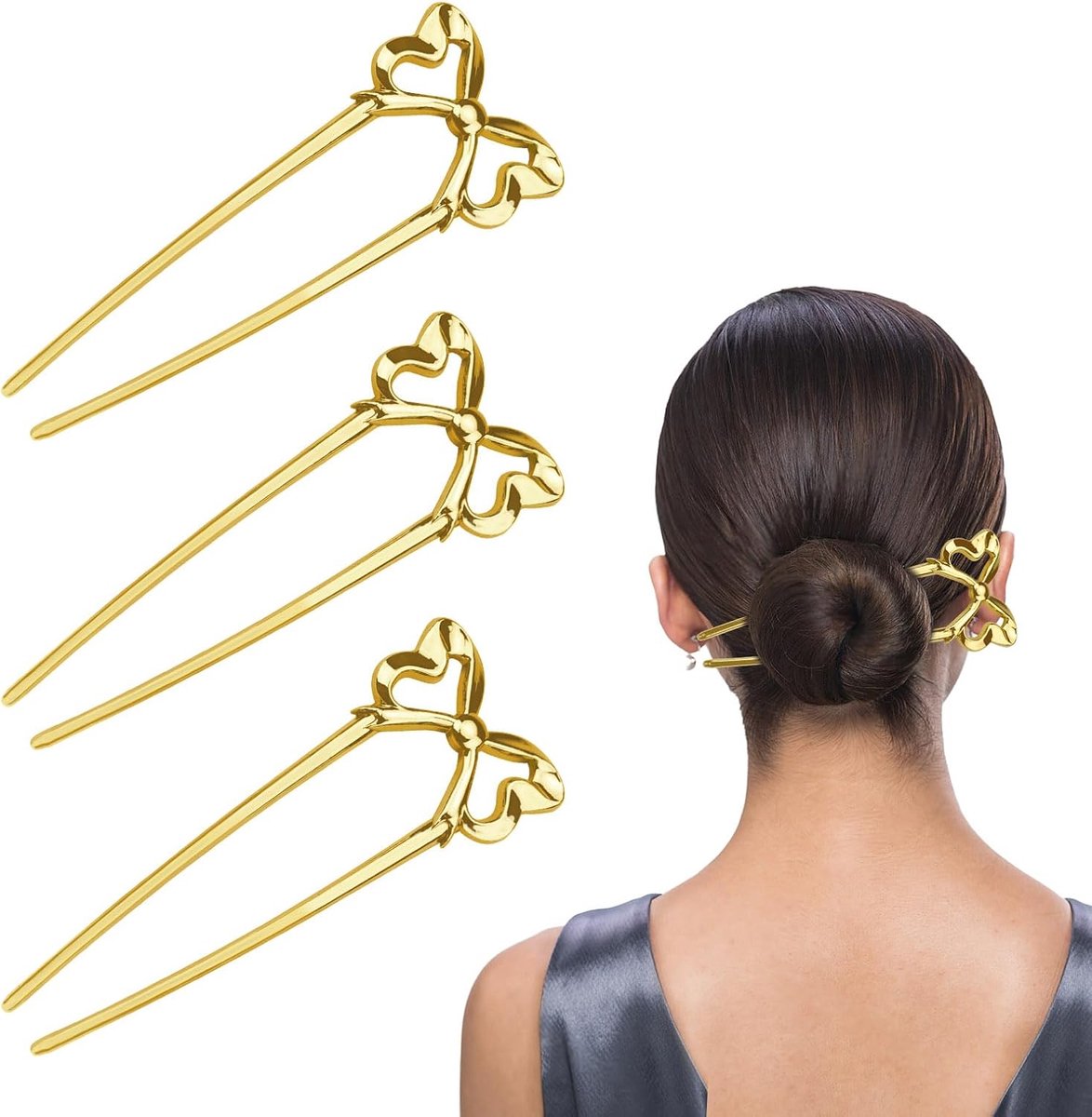 3 stuks boogvorm Franse twist haarspeld, vintage metalen Franse haarspeld, U-vormige 2-polige haarvorken sticks voor vrouwen meisjes knot opgestoken kapselaccessoires (goud)
