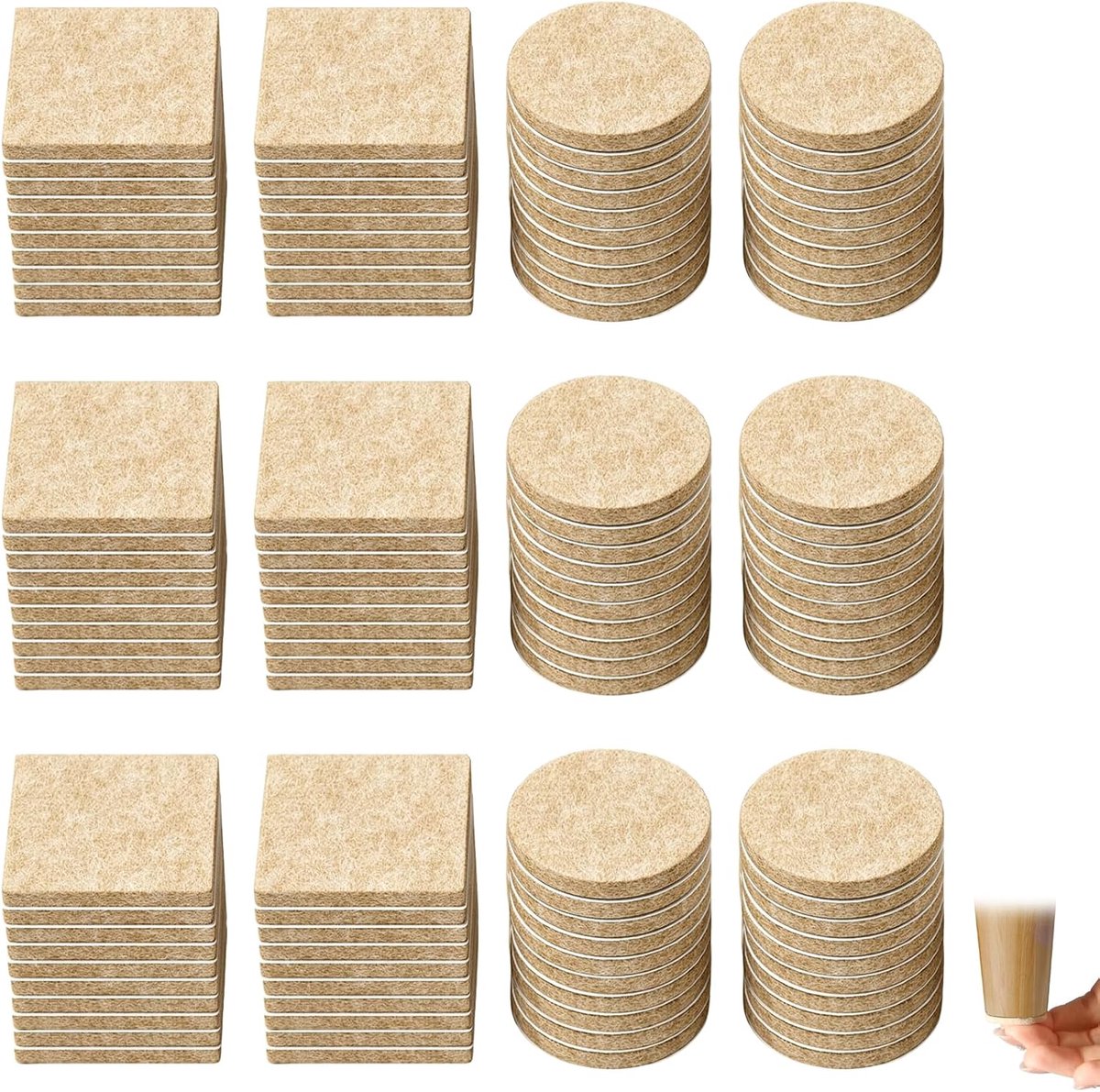 120 Stuks Zelfklevende Viltglijders Beige, Rond Ø28 mm en Vierkant 30 x 27 mm, Meubelpads voor Stoelen, Tafels, Banken, Kasten, Krasbescherming en Geluidsdemping