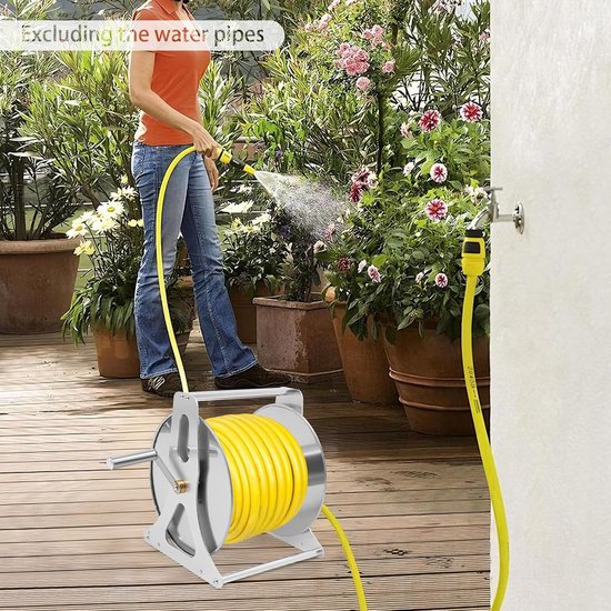Stalen slanghaspel voor max. 50 m slang, wandmontage & bodemopstelling, met druppelstop, stabiele waterslanghouder voor tuin en buiten — afbeelding 3