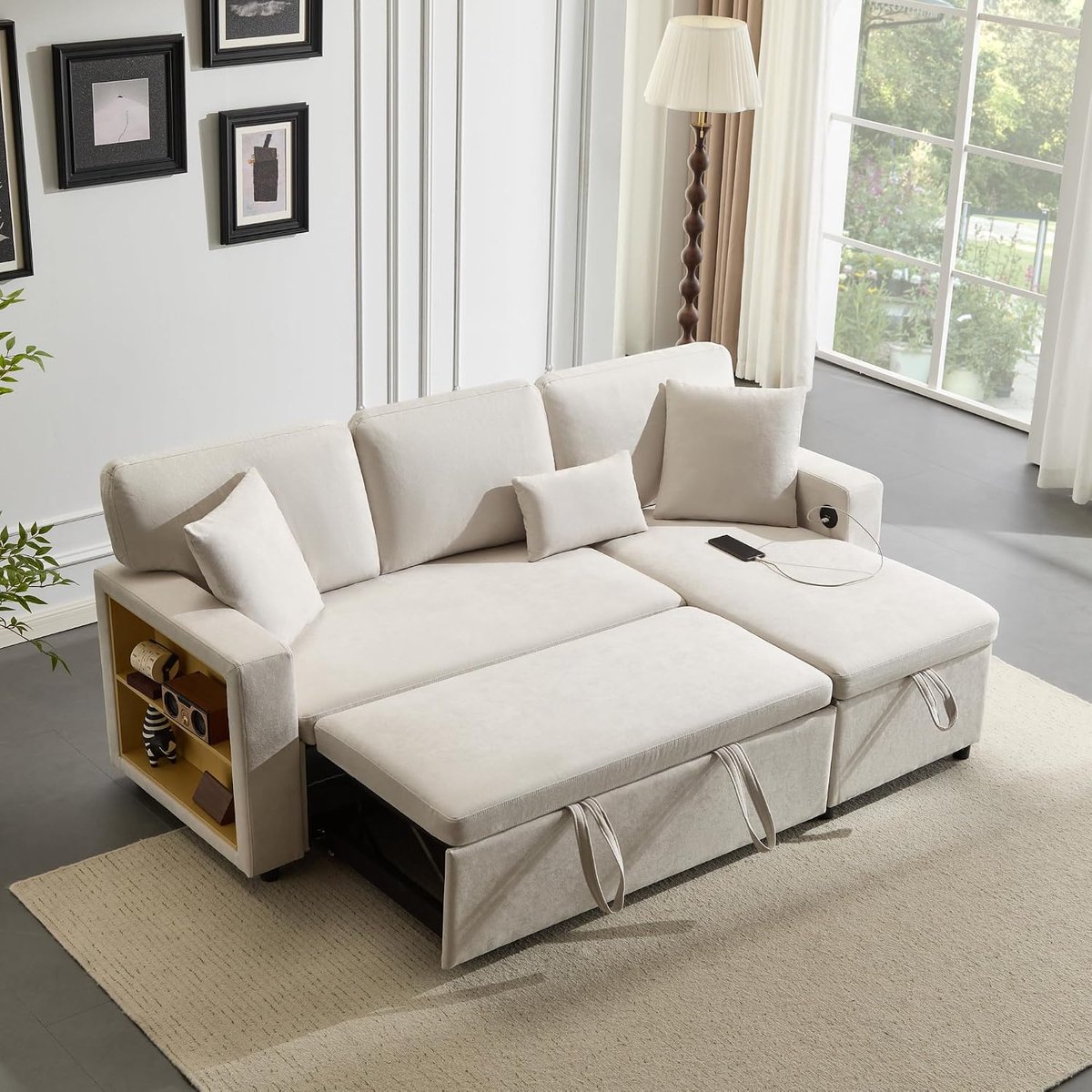 Hoekbank, slaapbank, uittrekbaar met bedlade en geïntegreerd rek, flexibele ottoman verwisselbaar, 3-zits hoek, slaapbank voor woonkamer