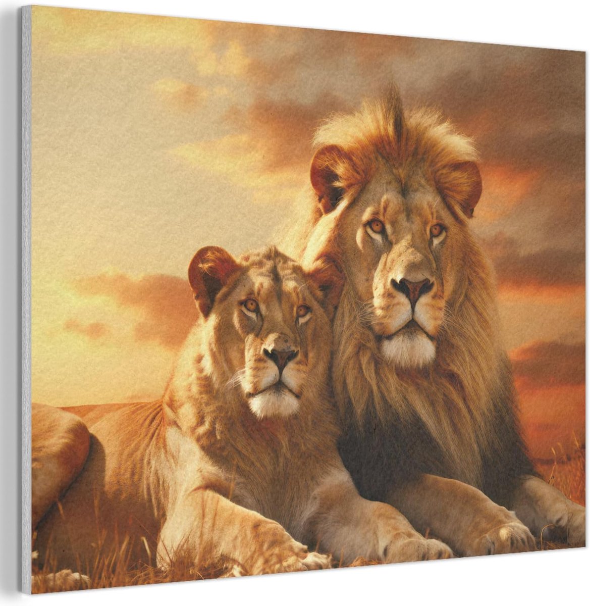 Vilten Wandpaneel 100x70 cm Kamer Muurdecoratie Woonkamer Slaapkamer Room Decor Wall Decoration Felt Art Panel Leeuwen - Zonsondergang - Afrika - Savanne - Dieren