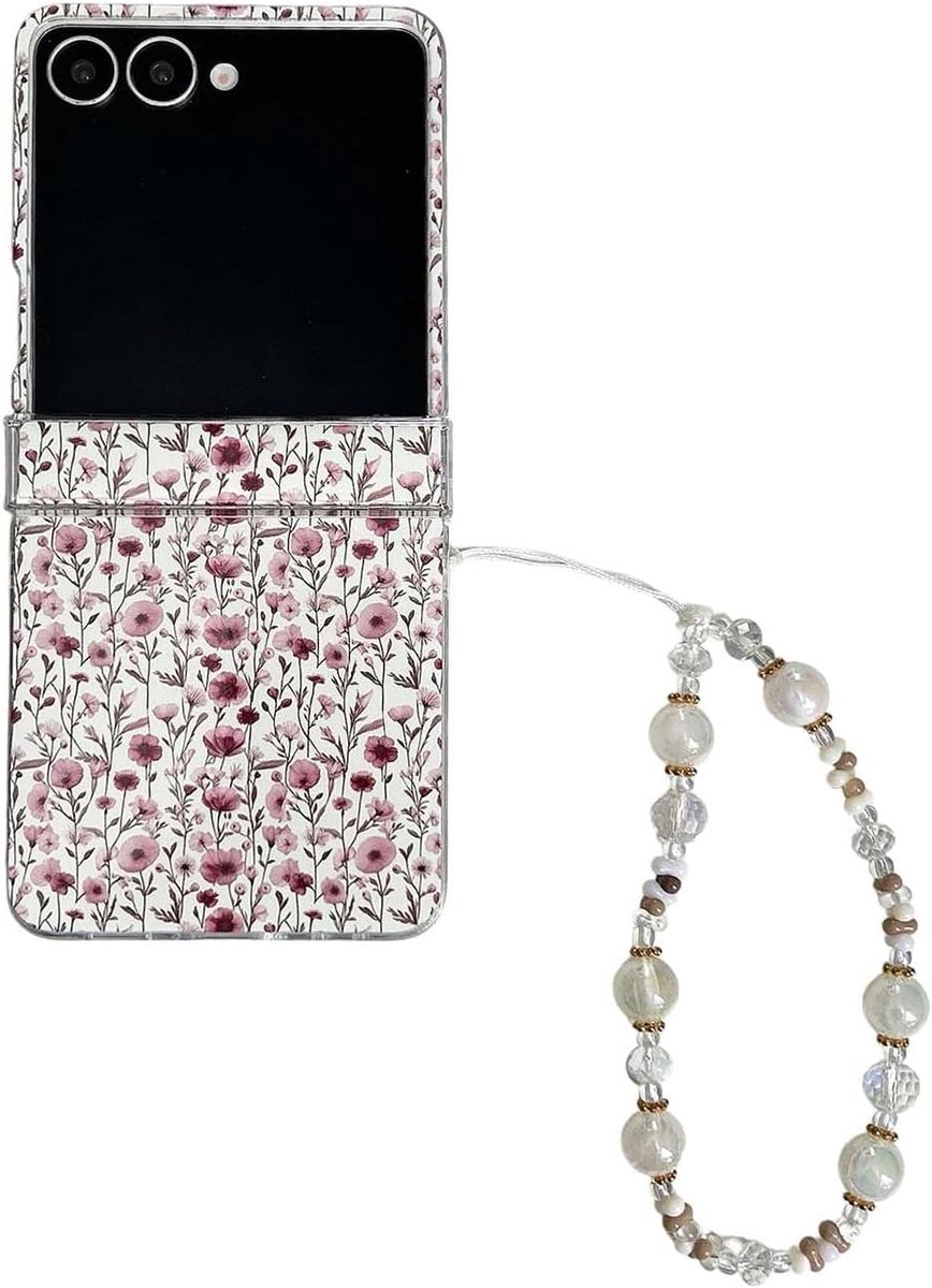 voor Samsung Galaxy Z Flip 7 Hoesje Schattig, Prachtig Schattige Bloemen Prints Patroon Ontwerp, Kawaii Bloemen Telefoonbeschermende Hoes met Armband voor Vrouwen (Roze)