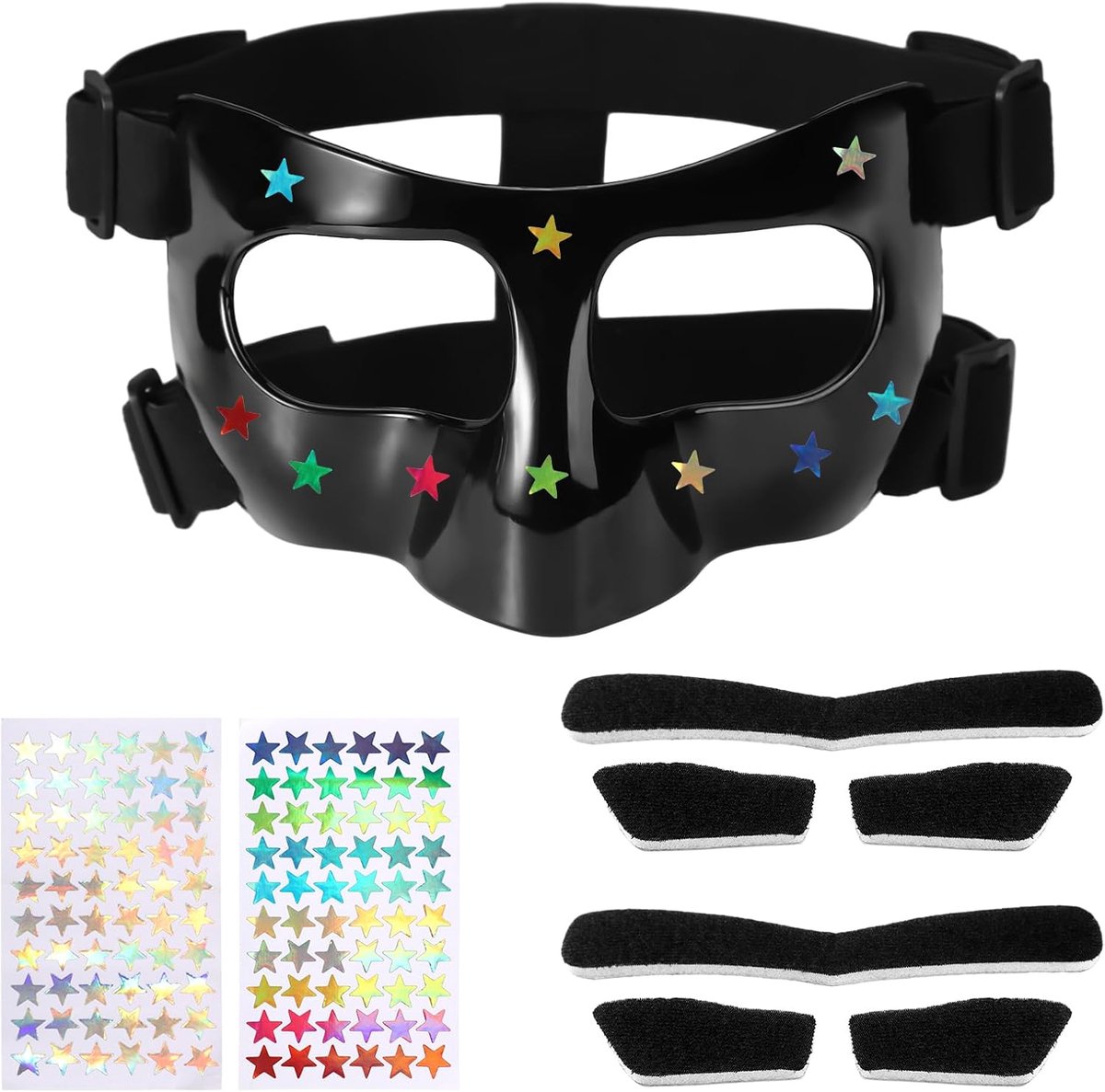 Neusbeschermer voor Gebroken Neus, 15x9,5cm Verstelbaar Gelaatsscherm met Kussentjes Sterrenstickers Gezichtsbeschermer Gezichtsmasker voor Sporttraining voor Volwassenen Tieners(Zwart)