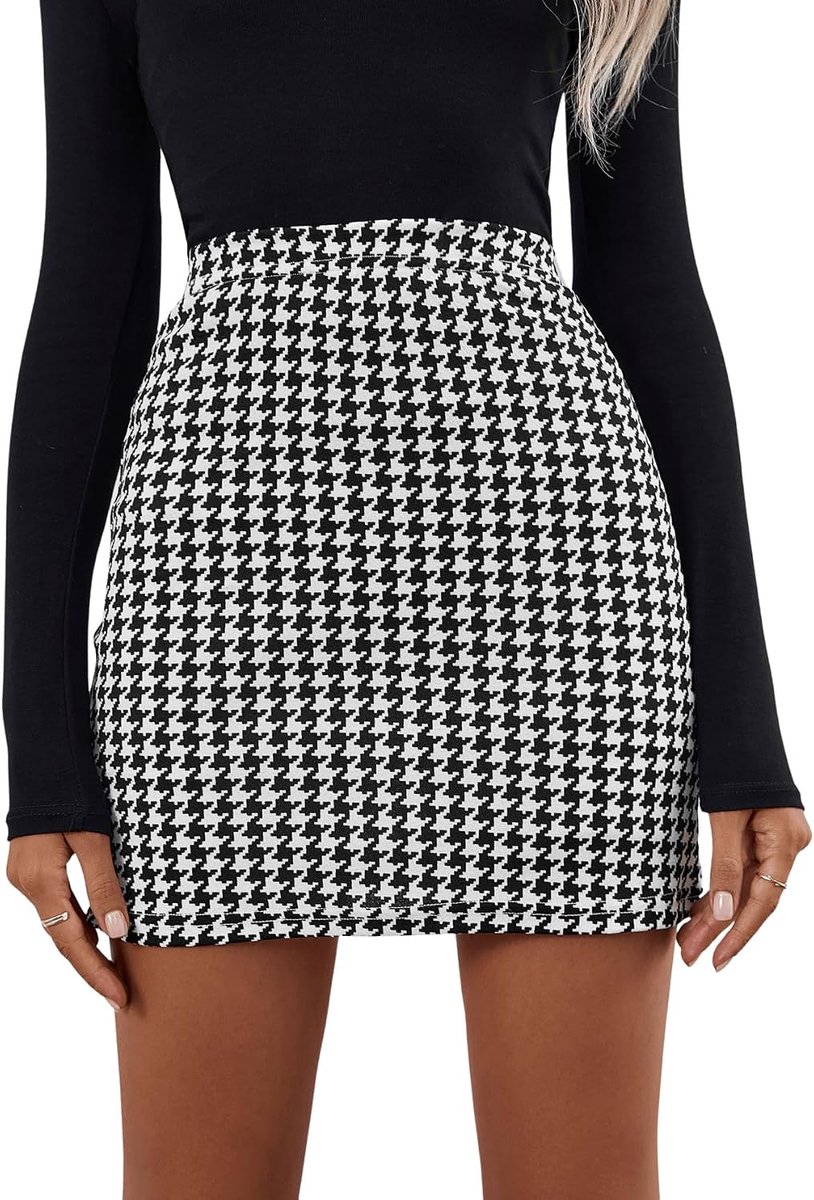 Mini-rok voor dames, hoge taille, kort, potlood, businessrok, vintage, partyrok met pied-de-poule patroon