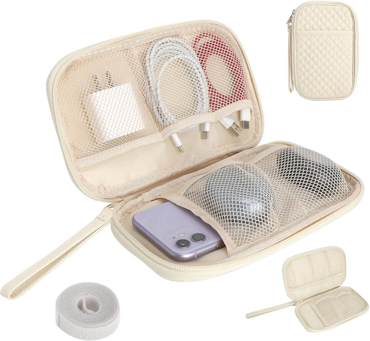 Kabeltas met handgreep, compact en licht, met 5 netvakken en buitenvak voor ordelijk opbergen, technische tas voor usb-kabel, oplader, accessoires, powerbank