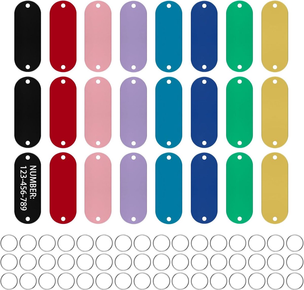 Set van 24 roestvrijstalen stempelblanco's, metalen labels voor lasergravure met 2 gaten en 48 sleutelhangers, blanco gegraveerde hondenpenning ID-plaatje gepersonaliseerde sleutelhangers, 8