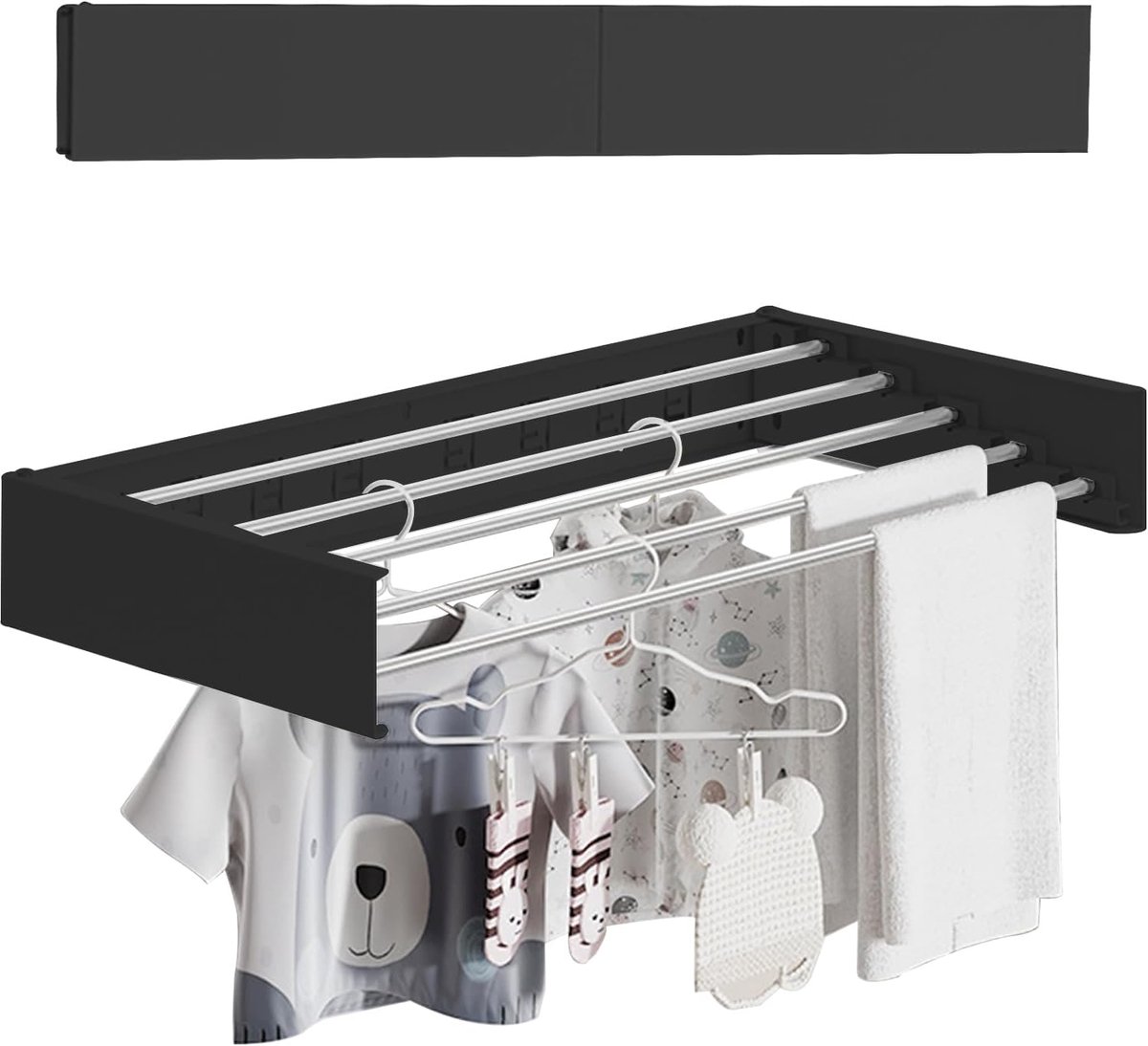 Wandmontage, 80 cm, opvouwbaar, voor binnen of buiten, eenvoudig wasrek, wanddroogrek, uittrekbaar voor binnen of buiten, balkon (zwart)