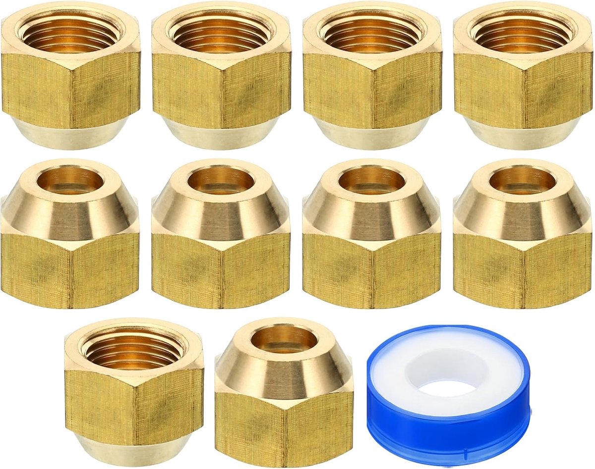 3/8 SAE Messing Flare Moer, 10 Pack 45 Graden Koper Uitlopende Buis Montage Messing Pijp Fitting Cap met Tape Voor Airconditioner Water Gas Line, Glanzend
