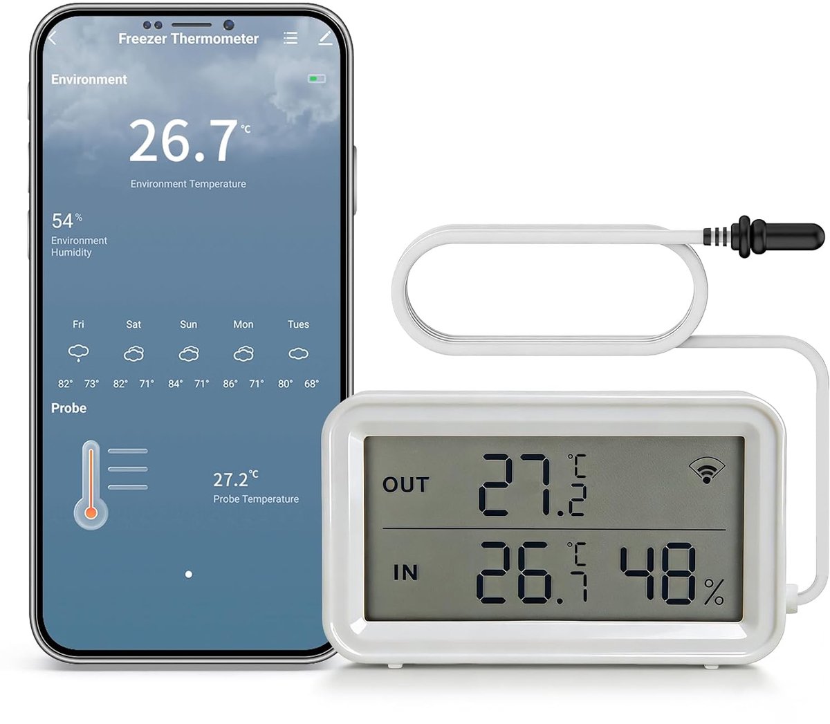 Thermometer Hygrometer met Sonde, App Alarm, voor Koelkast en Aquarium | Digitale LCD Slimme Temperatuur- en Vochtigheidssensor voor binnen, Zonder Hub, voor Terrarium, Kinderkamers, Woonkamers
