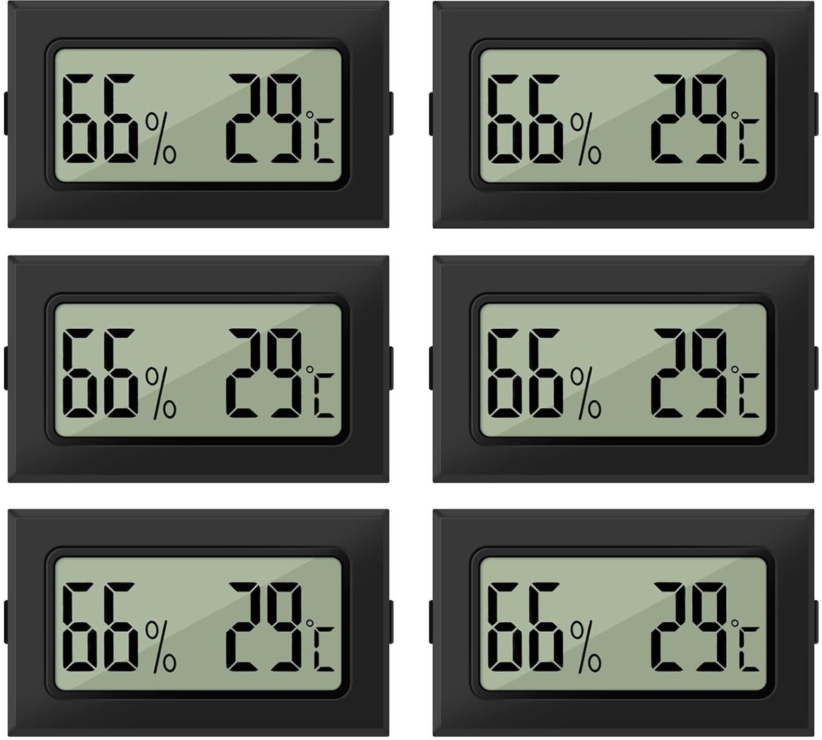 Mini-digitaal, 6 stuks hygrometer binnen, 2-in-1 thermometer, hygrometer, digitale thermometer, luchtvochtigheidsmeter voor kas, kelder, zwart