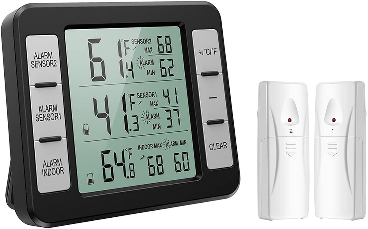 Digitale Thermometer Hygrometer, Koelkastthermometer met Binnentemperatuur monitor, 2 Sensoren, Vriezerthermometer met 3 Hoorbare Alarmen, Min/Max waarde - Zwart