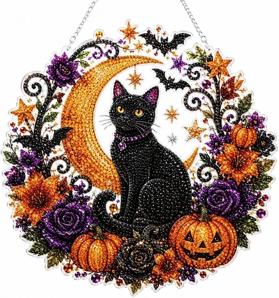 Casalora® DIY Diamond Painting Halloween Zwarte Kat Raamhanger – 5D Acryl Hangdecoratie Kit – Halloween Decoratie