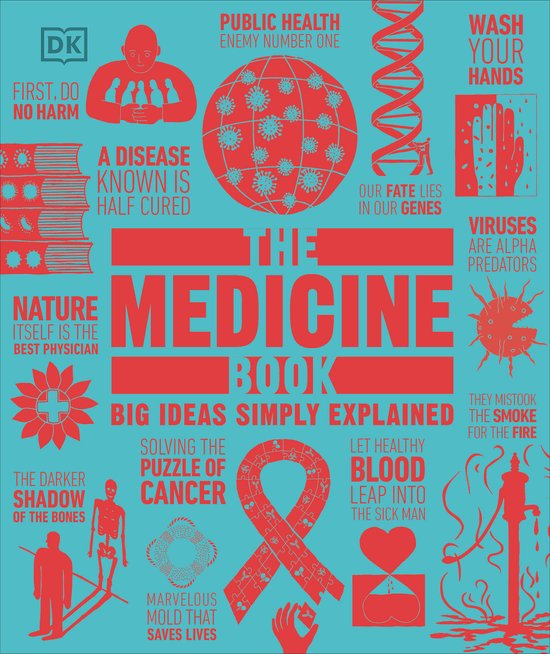 Boekomslag 'The Medicine Book': rode tekst en afbeeldingen op een blauwgroene achtergrond. Behandelt medische ideeën.
