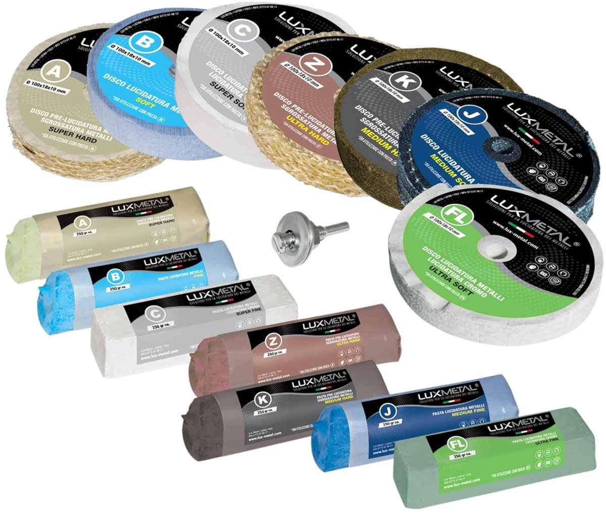 Polijstset 7 Schuurpasta's 250 g - 7 Polijstschijven 100 mm - Voor Rvs, Metaal, Aluminium - Perfect voor Glans - ShopVlot