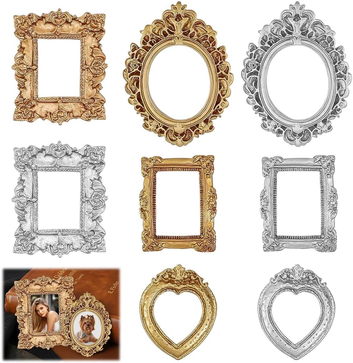 Mini fotolijsten 8 stuks - vintage goud en zilver - barokstijl - sfeervolle wanddecoratie - ShopVlot