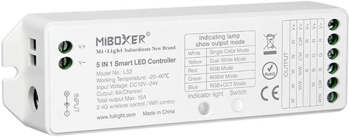 Led strip lights controller - 2.4GHz draadloos - 5 in 1 voor RGB en RGBW - Smartphone app bediening - ShopVlot