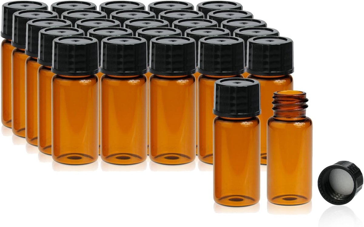 Monsterflesjes 10ml - Amber glas - 20 stuks - Inclusief zwarte schroefdoppen - Ideaal voor laboratoriumgebruik - ShopVlot