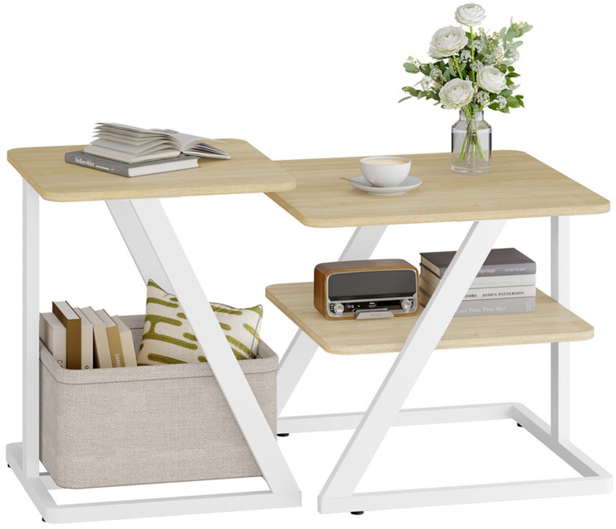 Hzuaneri Salontafelset (2 stuks), bijzettafel met opbergruimte, afwerking in wit en eikenlook, woonkamertafel met stoffen mand, geschikt voor woonkamer, slaapkamer en balkon
