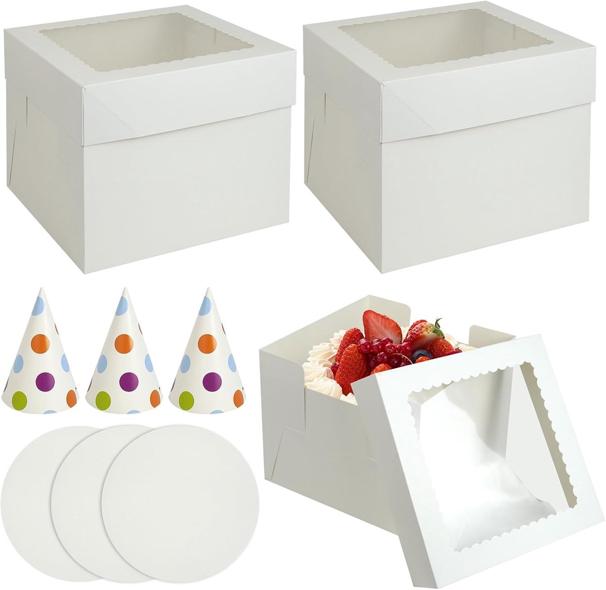 Cakebox Set - Kartonnen verpakking met kijkvenster - 3 stuks inclusief taartplaten en feesthoedjes - ShopVlot