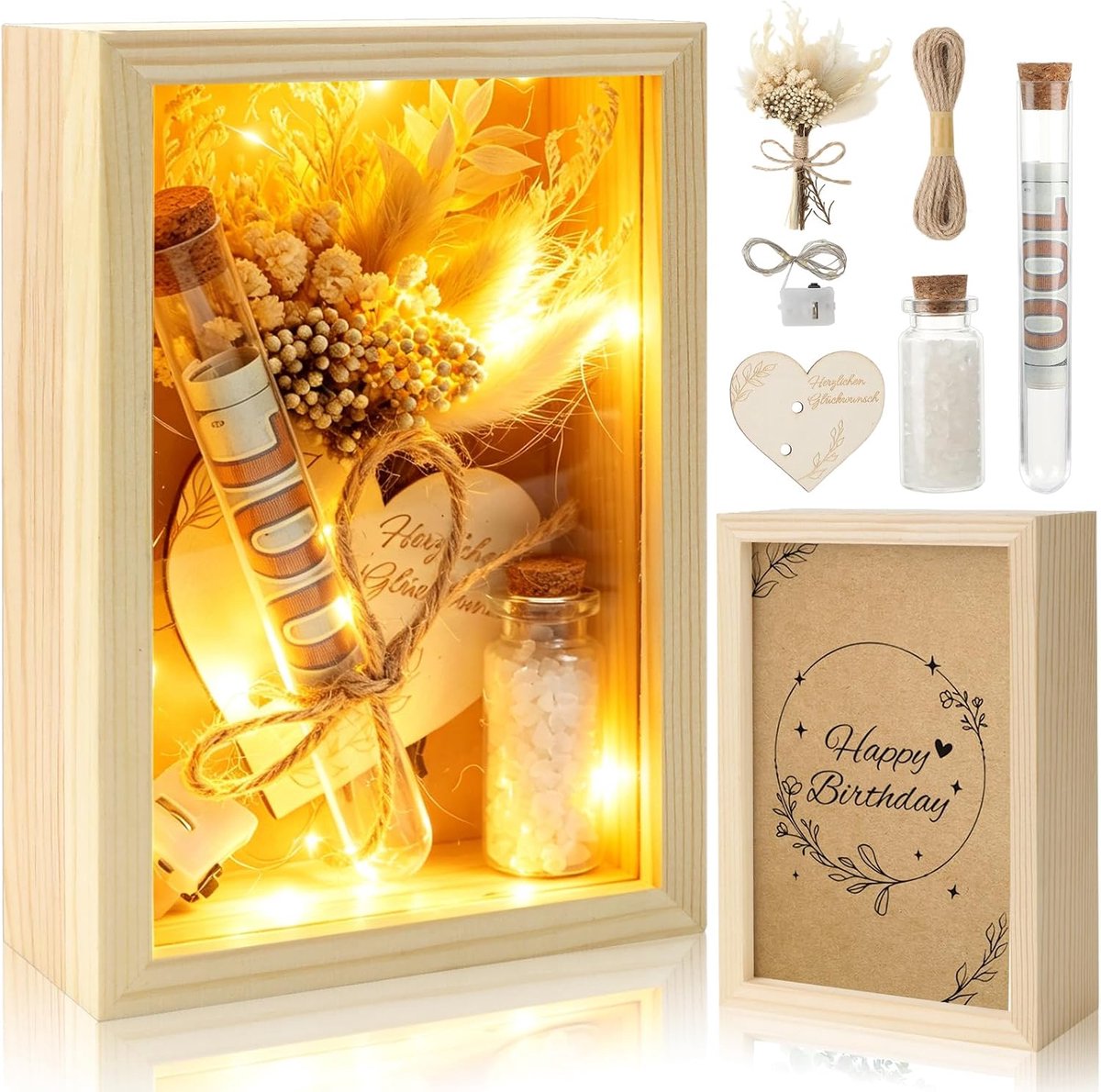 Geldgeschenk verjaardag - Houten doos 16x11 cm - Met gedroogde bloemen en led-verlichting - ShopVlot