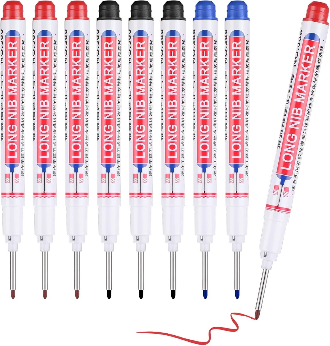 Diepe gaten marker pen 20mm - 8 stuks - zwart/blauw/rood - ideaal voor nauwkeurige markeringen - ShopVlot