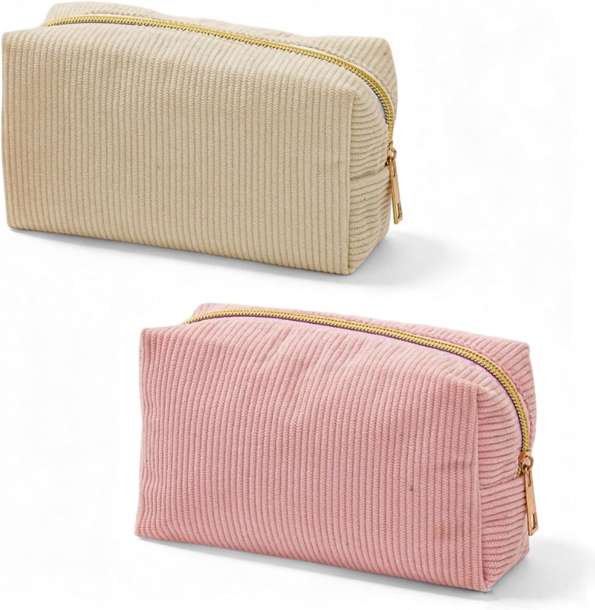 toilettas voor dames 2 stuks - beige en roze corduroy - grote capaciteit - ideaal voor reizen - ShopVlot