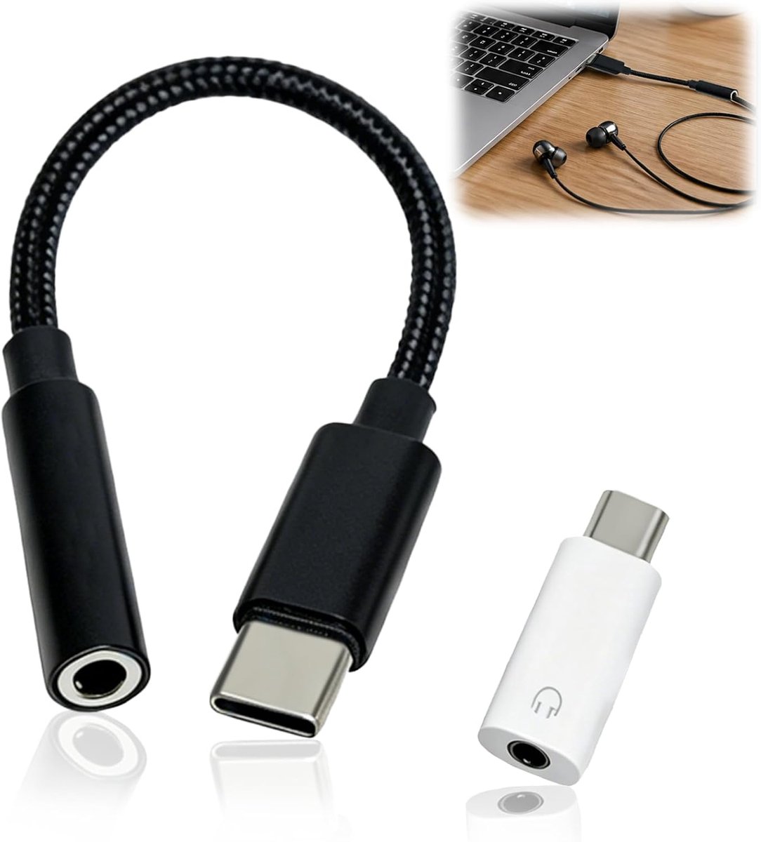 Adapter USB C naar 3,5 mm jack - 2 stuks - zwart gevlochten + wit mini - ondersteunt muziek en oproepen - ShopVlot