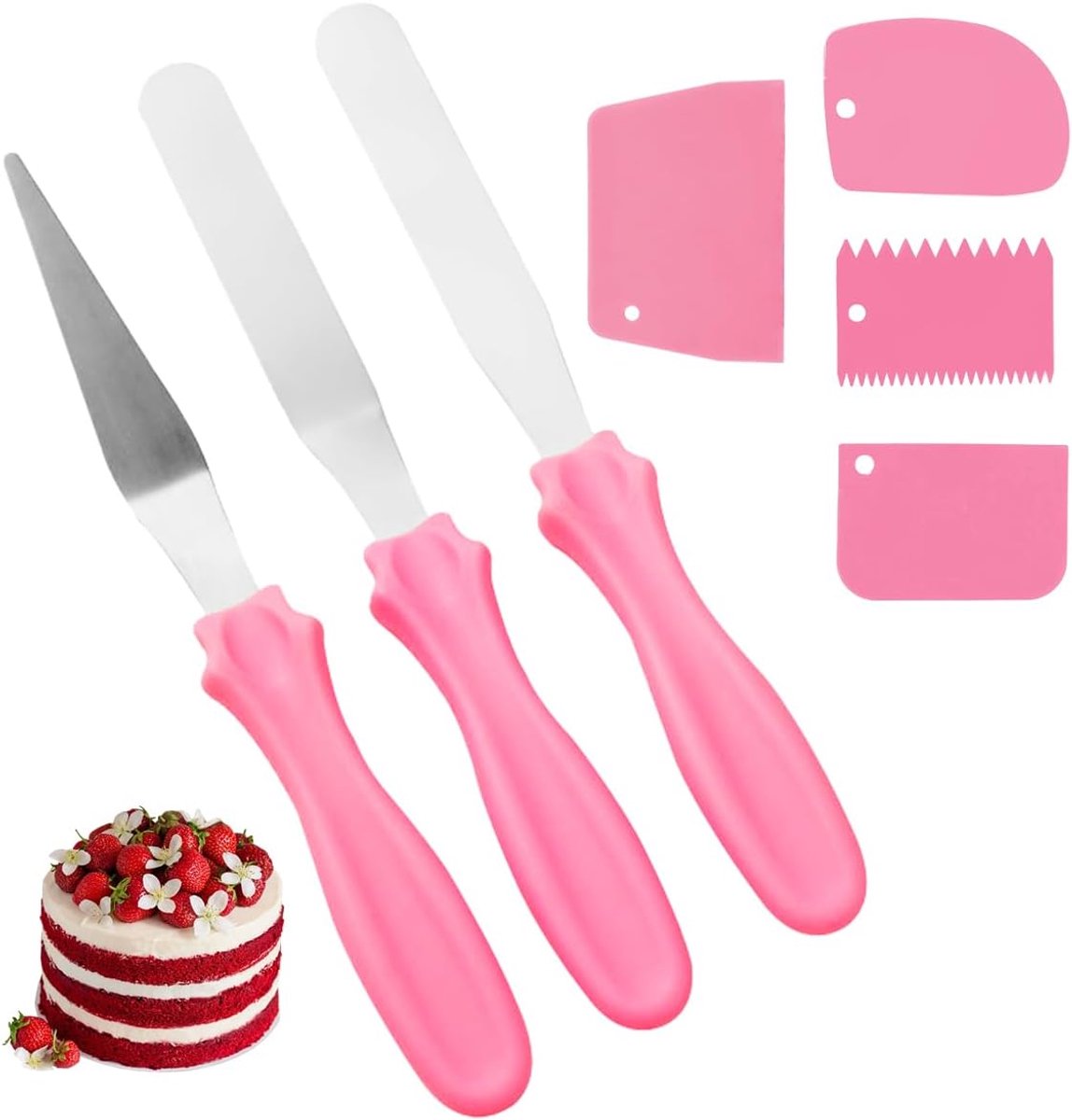 Cake spatula set 7-delig - 3x 23cm roestvrijstalen palet en 4x gladstrijkers - ergonomisch ontwerp - ShopVlot