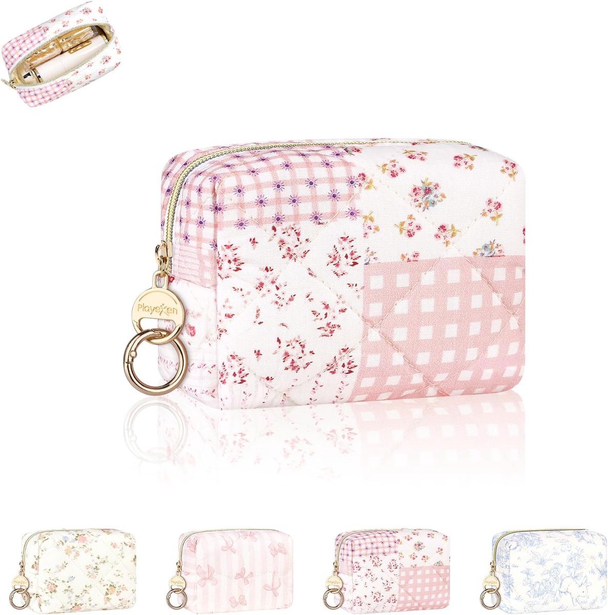 Mini-make-uptas XS - katoen en polyester - bloemen-roze - ideaal voor dagelijkse gebruik - ShopVlot