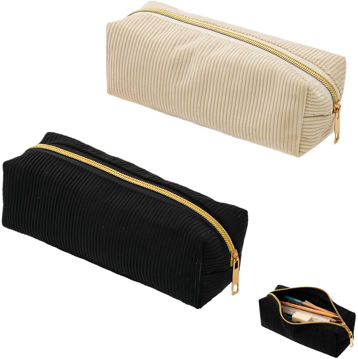 Pennenhouder Set - Beige en Zwart - Licht Pluche Materiaal - Perfect voor Organisatie - ShopVlot