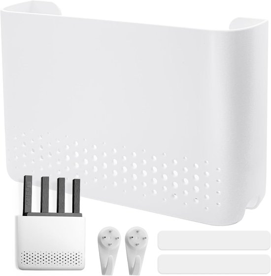 Witte wandkast met perforaties aan de onderkant, inclusief router en montagemateriaal.