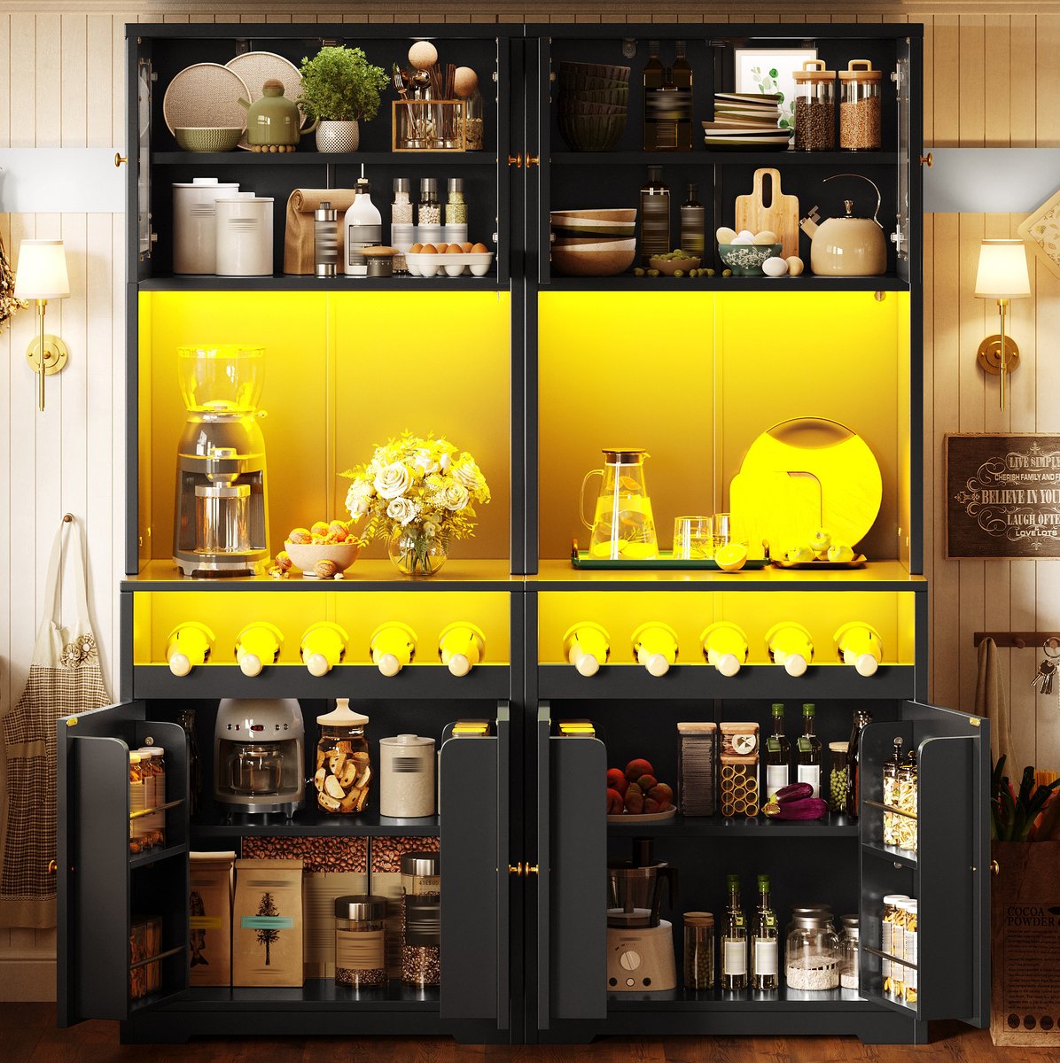 HAUSS SPOLE Keukenkast - Set Van 2 Hoge Kasten Met Rgb Led, Glazen Deuren En Wijnrek - Voor Keuken Of Eethoek - Zwart - 140x38,3x180 Cm