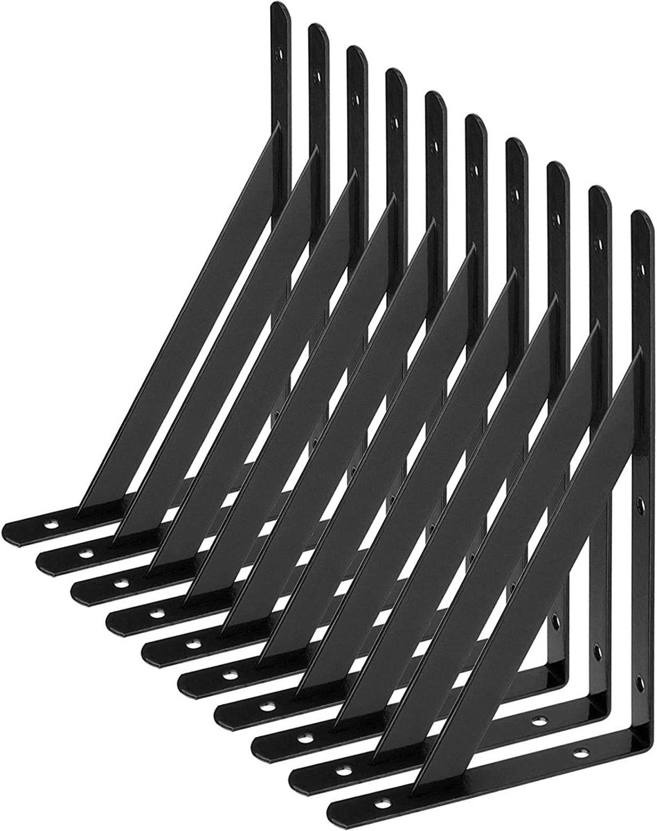 Stevige Wandplank Beugels Set van 10, Driehoekige Staalsteunen 200 mm x 120 mm, Inclusief 50 Schroeven en 20 Ankers voor Hoekmontage (Zwart)