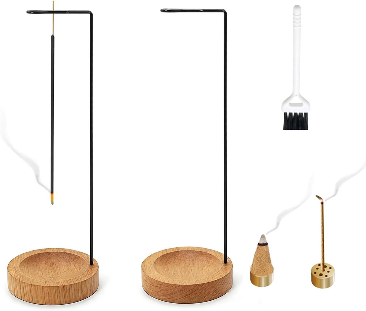 Houten wierookhouder set met 2 gaten, asopvang en schoonmaakborstel voor meditatie, yoga en ceremonies