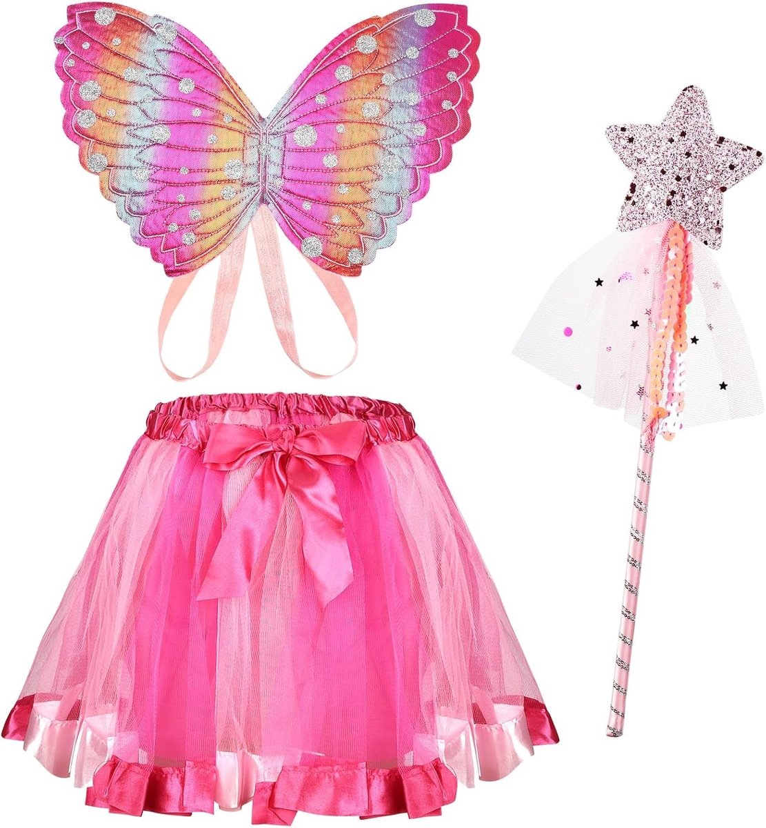 3-delig Vlinder Kostuum voor Meisjes met Vlinder Vleugels, Tutu Rok en Toverstaf voor Carnaval en Feestjes