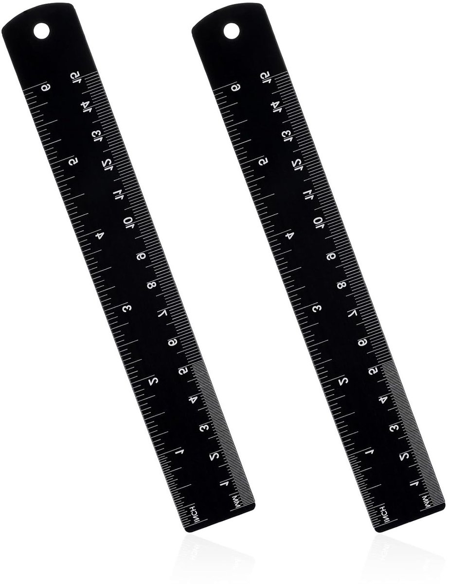 Set van 2 Zwarte Metalen Linialen van 15 cm met Dubbele Metrische en Imperiale Schaal, Precisie Meetinstrument voor School, Kantoor en Technische Tekeningen