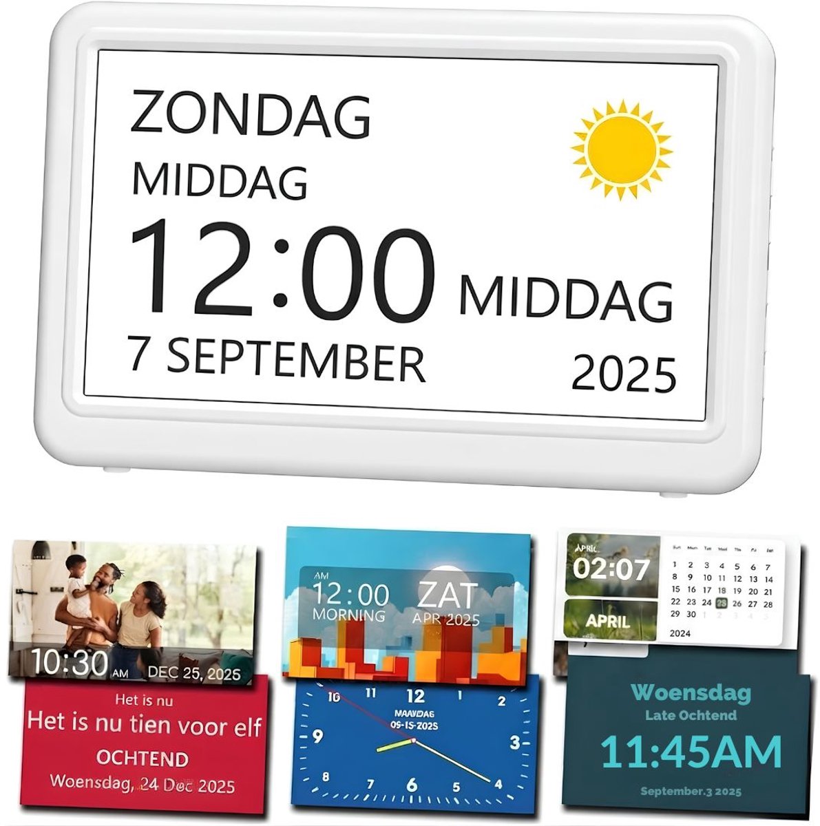 JCP® Dementieklok - 7 inch Digitale LCD Klok - Automatische Dimfunctie - Wit - 18cm x 12cm x 3cm